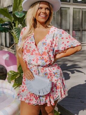 Sugarlips Pink Floral Wrap Ruffle Mini Dress